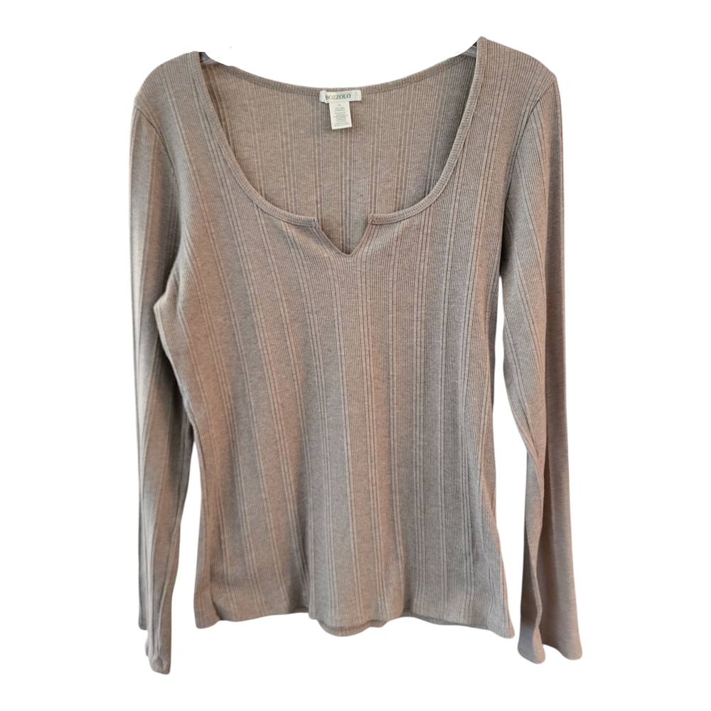 Bozzolo Taupe Ribbed Long Sleeve Notch Neck Blouse - Size 2X